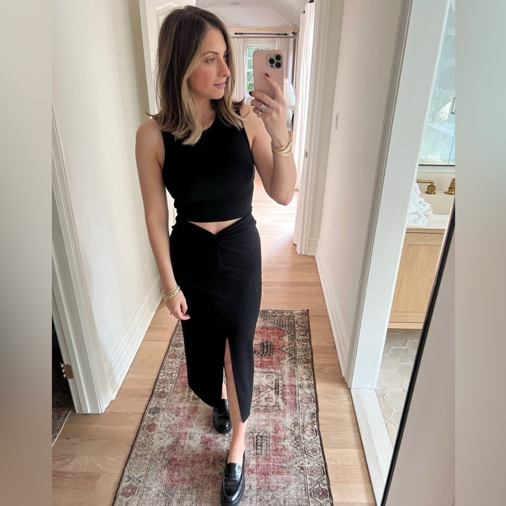 Reformation Black Rylan Ruched Knot Midi Skirt